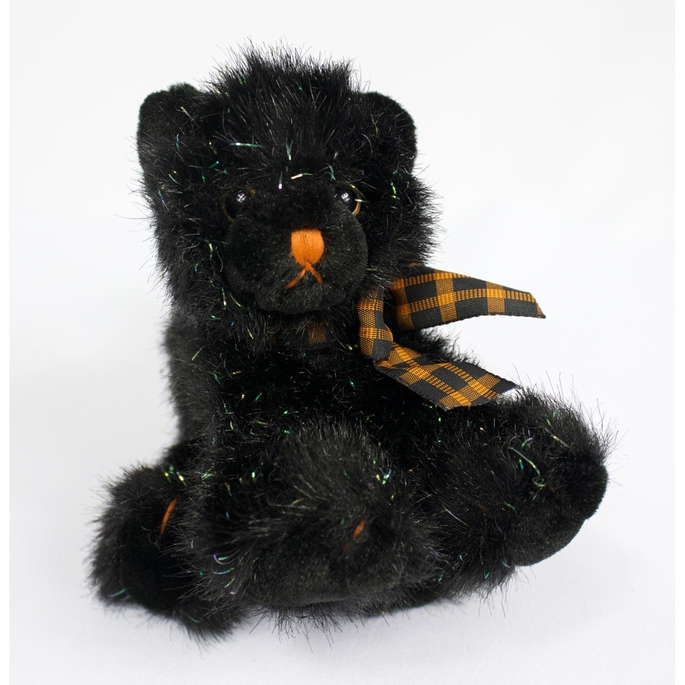 Russ Halloween‎ Black Cat Screech Sparkly Plush Plaid Ribbon 6"